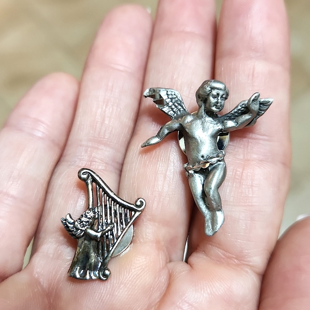 Pair Of Pewter Angel Clutch Pins